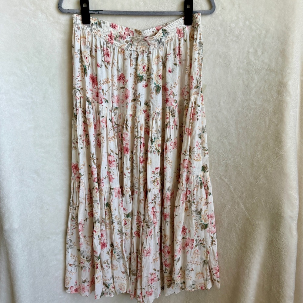 Orvis Womens Cream Pink Floral Print Tiered Broomstick Crinkle Maxi Skirt M